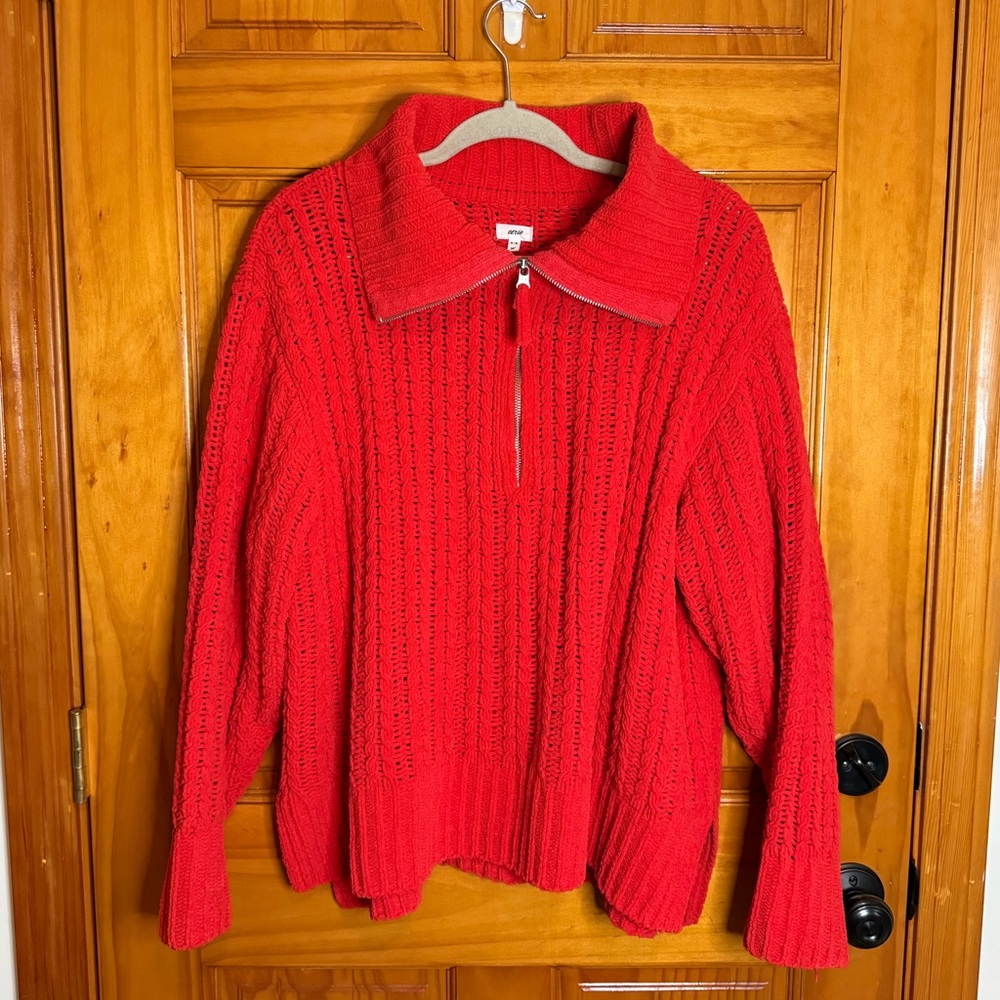 Aerie Cable Car Knit Quarter Zip Cozy Sweater Holiday Red Medium - Picture 3 of 9